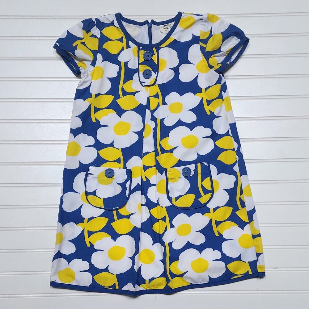 Mini Boden Girls Retro Daisy Shift Dress Size 7-8Y Blue Yellow & White